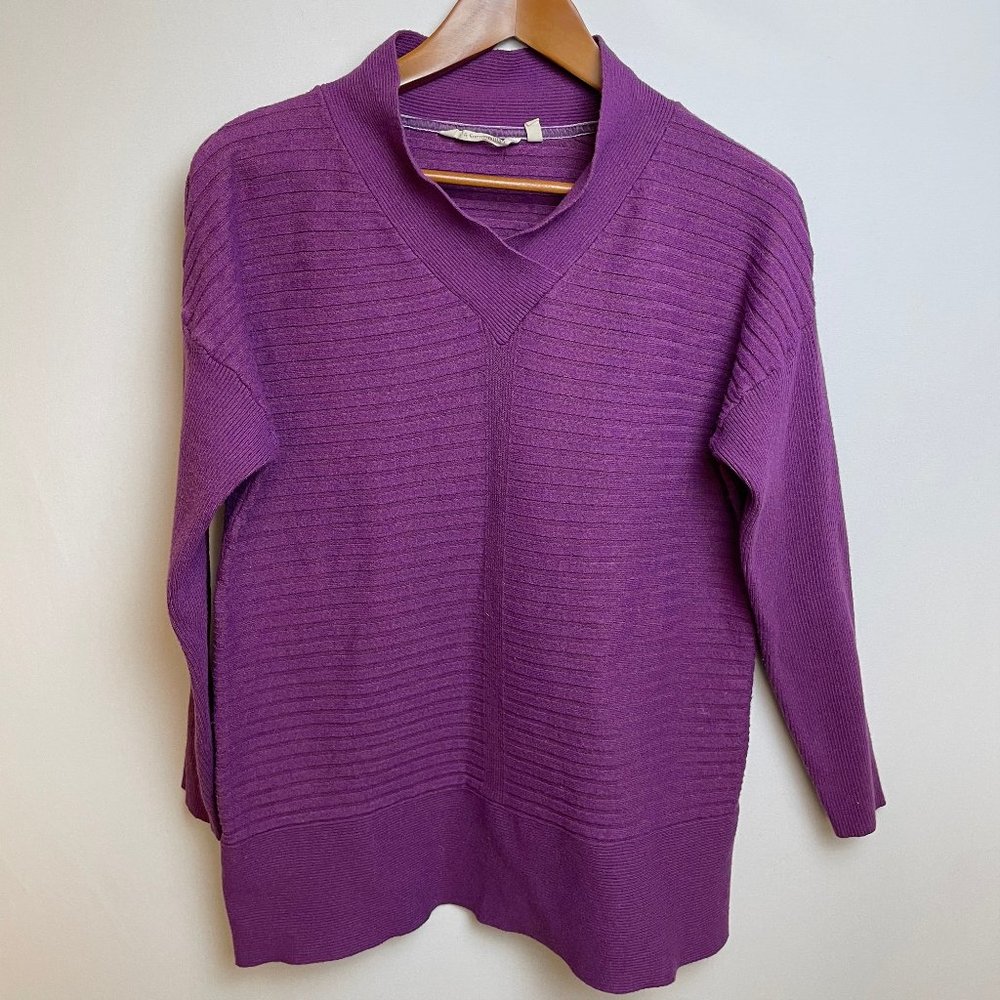 Soft Surroundings Womens Boheme Ribbed Sweater Size M Purple V Neck Long Sleeve